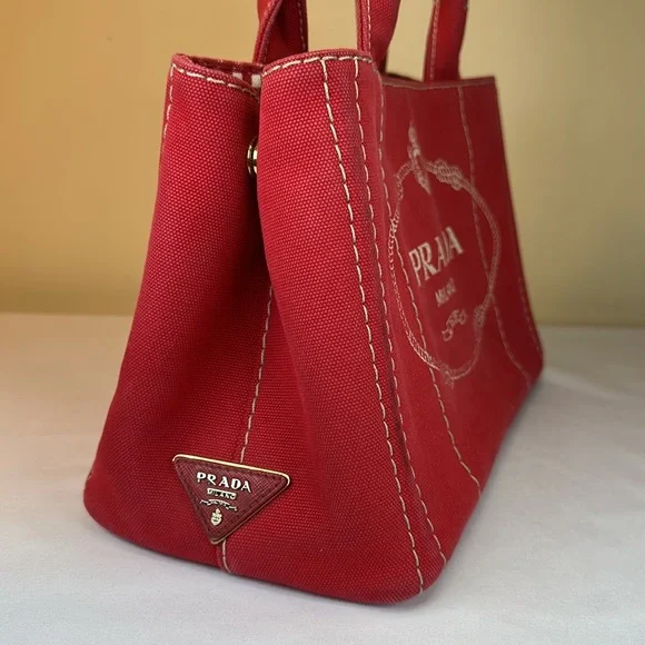Prada Canapa Red Denim Canvas Snap Sides, Adjustable Removable Strap, Auth Cards - Picture 4 of 16